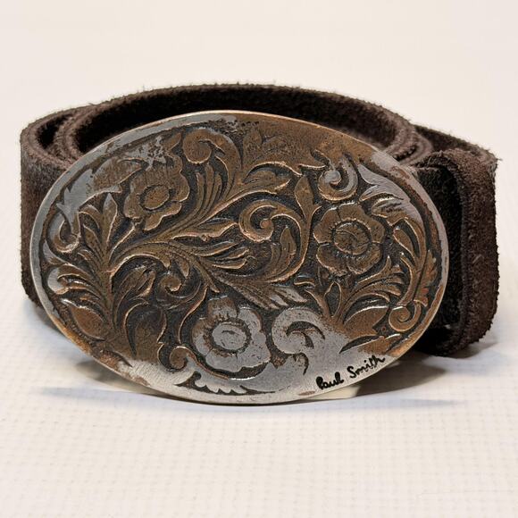 Paul Smith Belt Mens 36 Brown Suede Leather Oval Floral Buckle Made in England - Picture 1 of 11